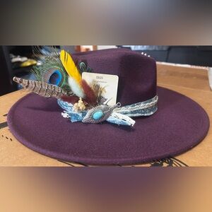 iris Plum Fedora with Turquoise and Multicolor Feather Trim